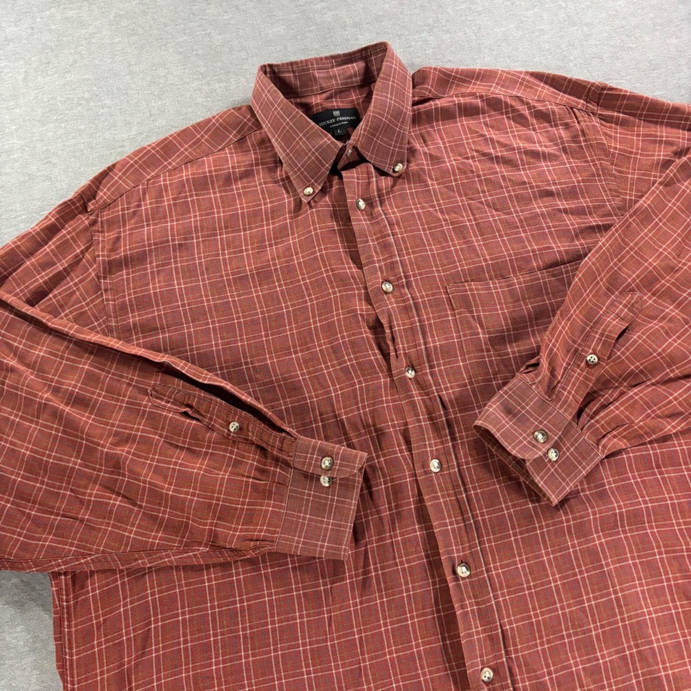 Hickey Freeman Collection Mens Large Rust Red Plaid Button Down Shirt L/S